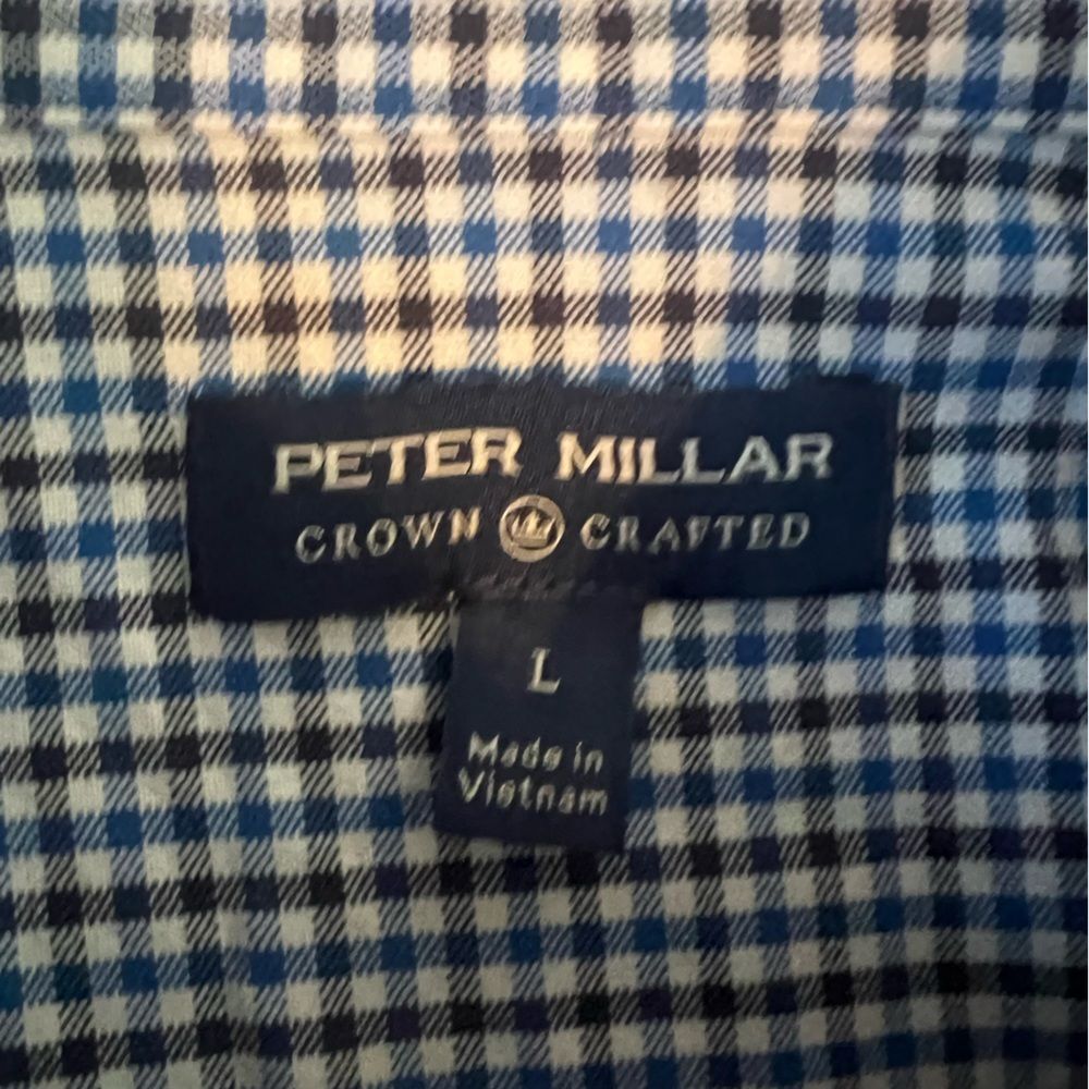 Peter Millar Blue Black White Gingham Plaid Long Sleeves Button-Up Shirt Size L
